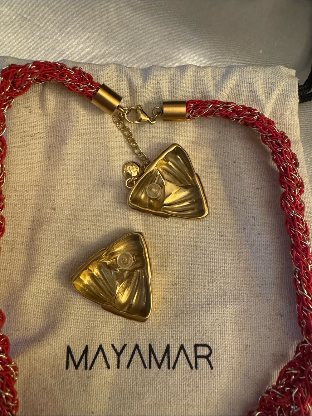 Mayamar Red Braided Necklace with Gold Sun Pendant - Picture 3 of 5